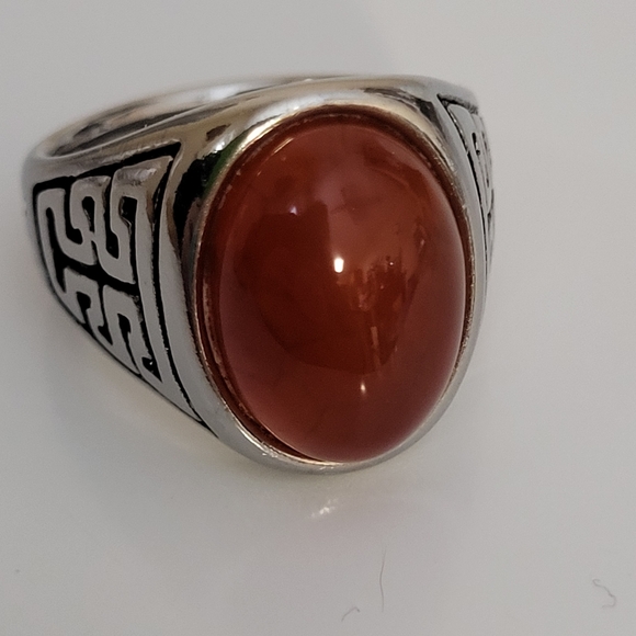 Silver Tone and Amber Colour Stone Large Size Ring - Picture 1 of 13
